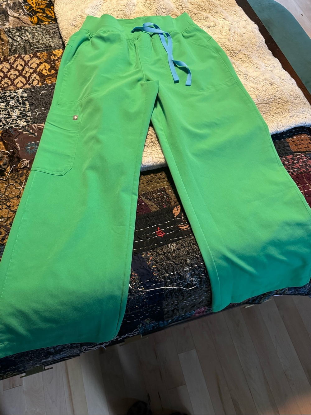 Figs Bright Green Wide-Leg Scrub Pants with Blue Drawstring